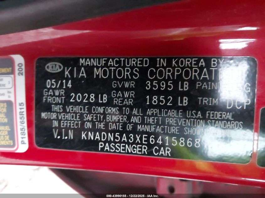 2014 Kia Rio Ex VIN: KNADN5A3XE6415868 Lot: 43990155