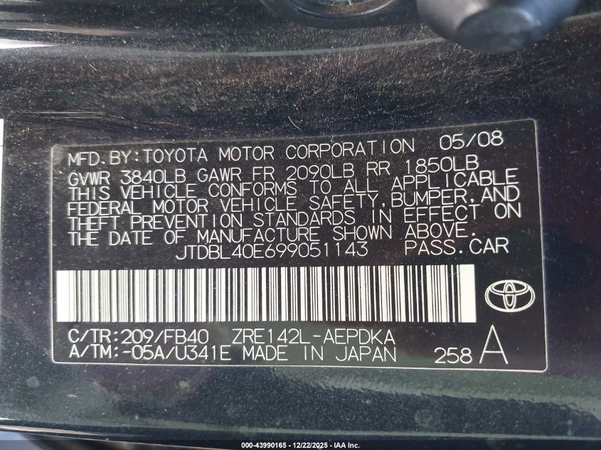 2009 Toyota Corolla Le VIN: JTDBL40E699051143 Lot: 43990165