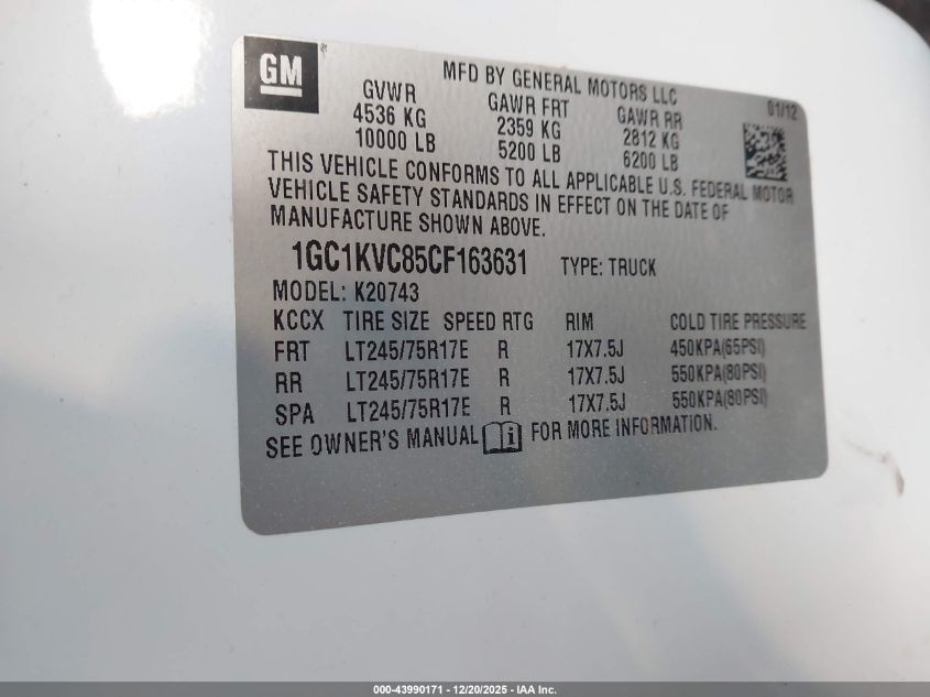 2012 Chevrolet Silverado 2500Hd Work Truck VIN: 1GC1KVC85CF163631 Lot: 43990171