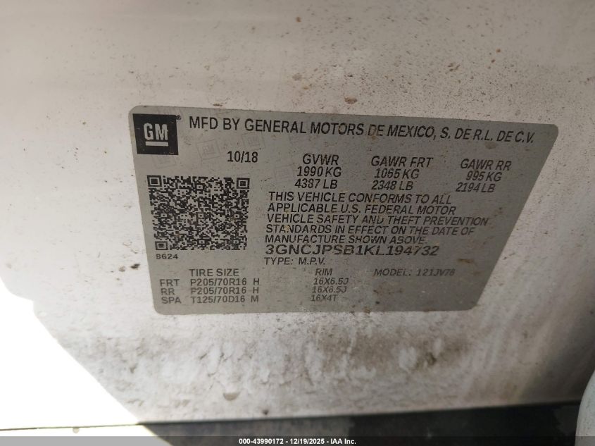 2019 Chevrolet Trax Lt VIN: 3GNCJPSB1KL194732 Lot: 43990172