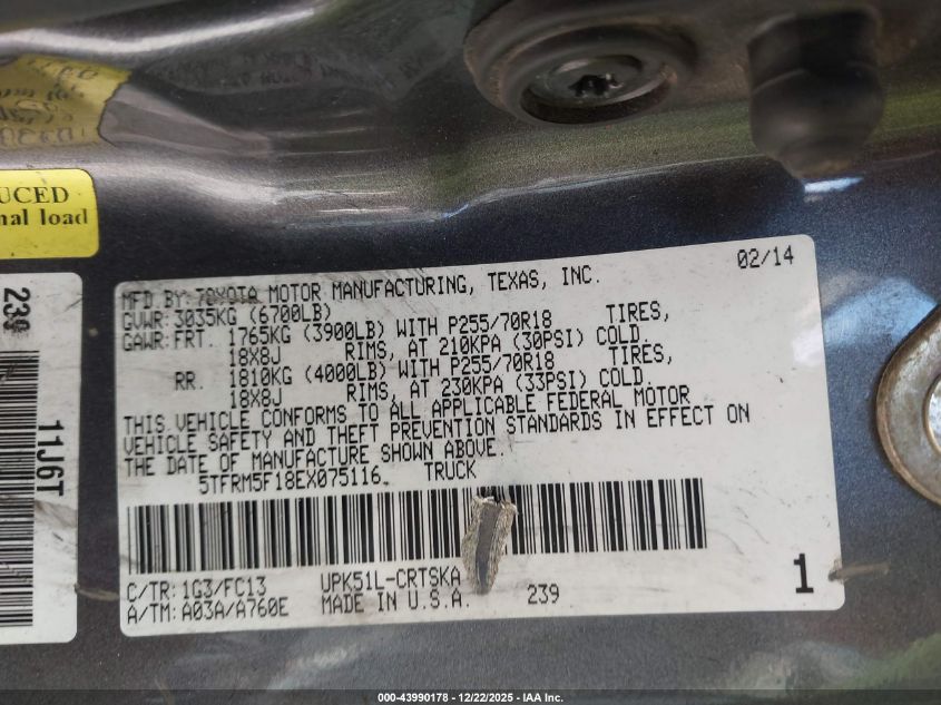 2014 Toyota Tundra Sr5 4.6L V8 VIN: 5TFRM5F18EX075116 Lot: 43990178