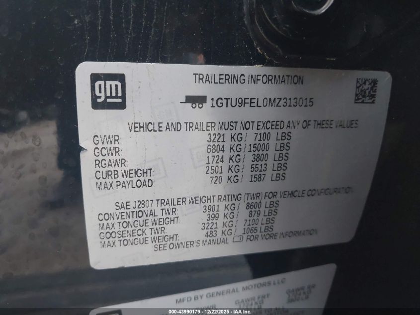 2021 GMC Sierra 1500 4Wd Short Box Denali VIN: 1GTU9FEL0MZ313015 Lot: 43990179