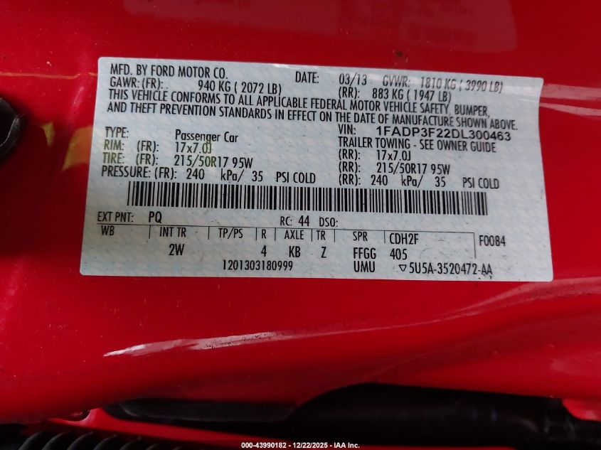 2013 Ford Focus Se VIN: 1FADP3F22DL300463 Lot: 43990182