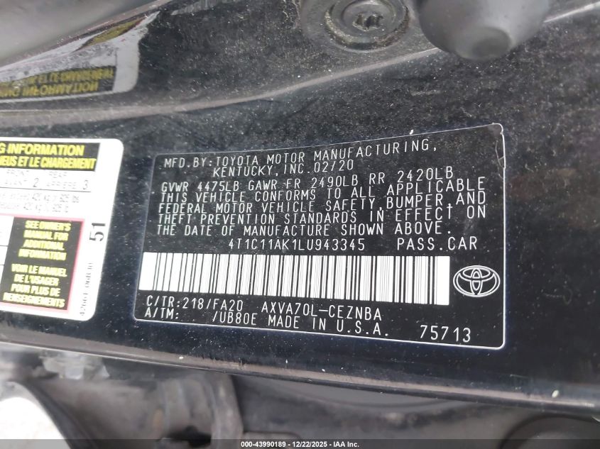 2020 Toyota Camry Le VIN: 4T1C11AK1LU943345 Lot: 43990189