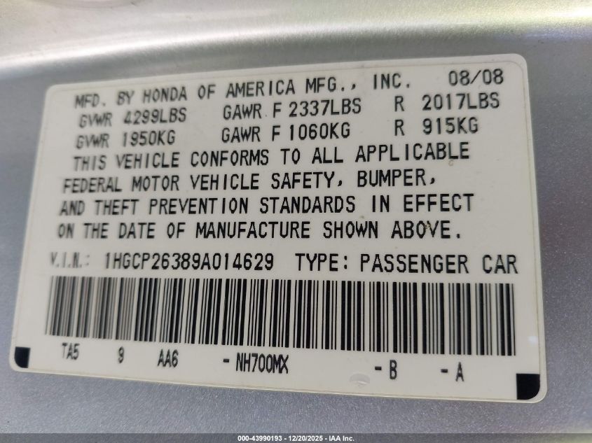 2009 Honda Accord 2.4 Lx VIN: 1HGCP26389A014629 Lot: 43990193
