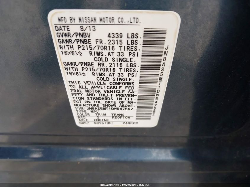 2013 Nissan Rogue S VIN: JN8AS5MT1DW547592 Lot: 43990199