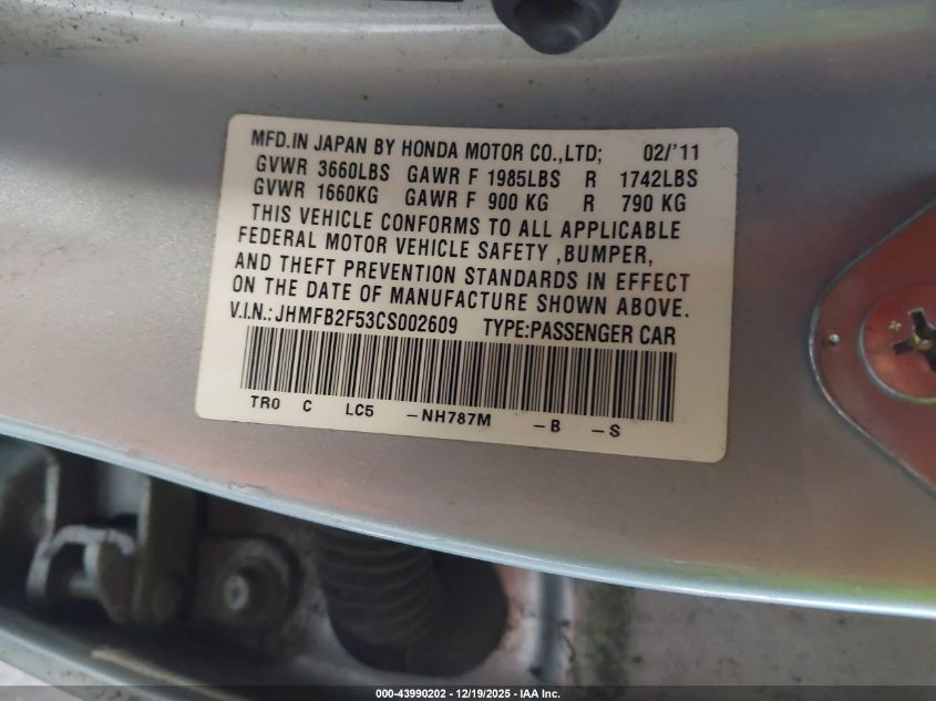 2012 Honda Civic Lx VIN: JHMFB2F53CS002609 Lot: 43990202