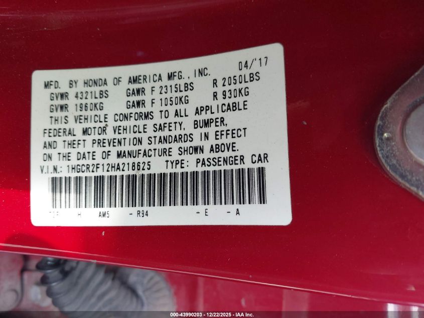2017 Honda Accord Sport Se VIN: 1HGCR2F12HA218625 Lot: 43990203