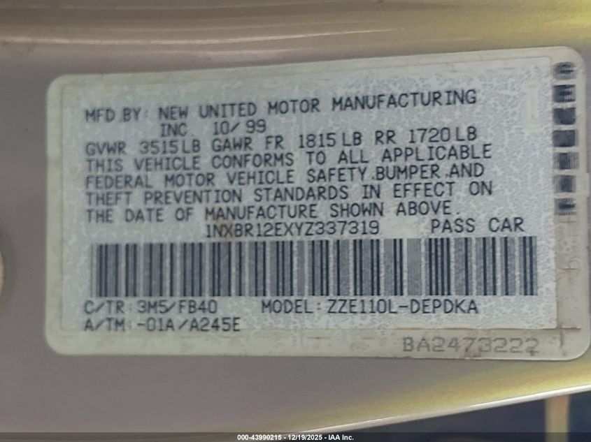 2000 Toyota Corolla Ce VIN: 1NXBR12EXYZ337319 Lot: 43990215