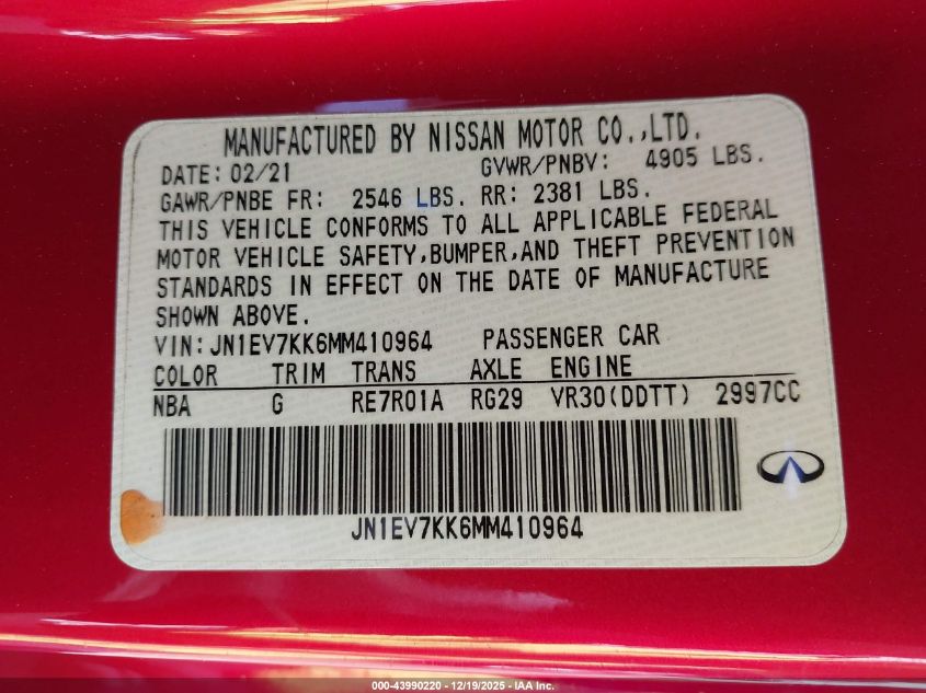 2021 Infiniti Q60 Luxe VIN: JN1EV7KK6MM410964 Lot: 43990220