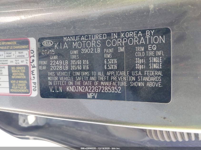 2016 Kia Soul VIN: KNDJN2A22G7285352 Lot: 43990225