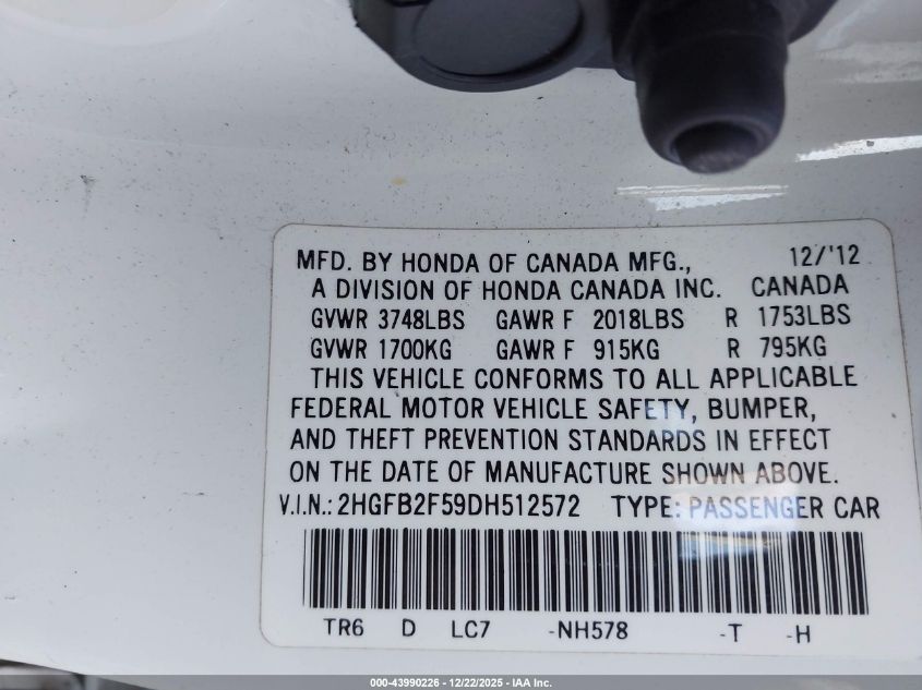 2013 Honda Civic Lx VIN: 2HGFB2F59DH512572 Lot: 43990226