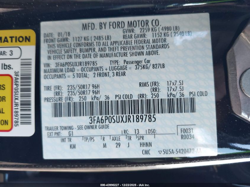 2018 Ford Fusion Energi Titanium VIN: 3FA6P0SUXJR189785 Lot: 43990227