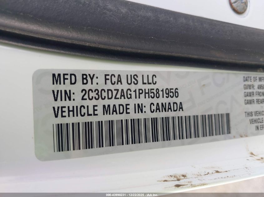 2023 Dodge Challenger Sxt VIN: 2C3CDZAG1PH581956 Lot: 43990231