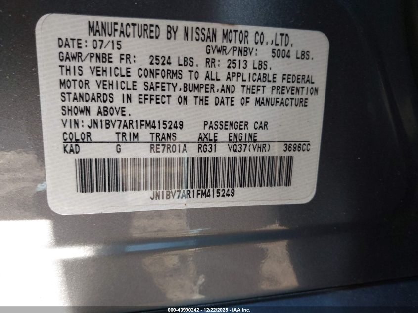 2015 Infiniti Q50 VIN: JN1BV7AR1FM415249 Lot: 43990242