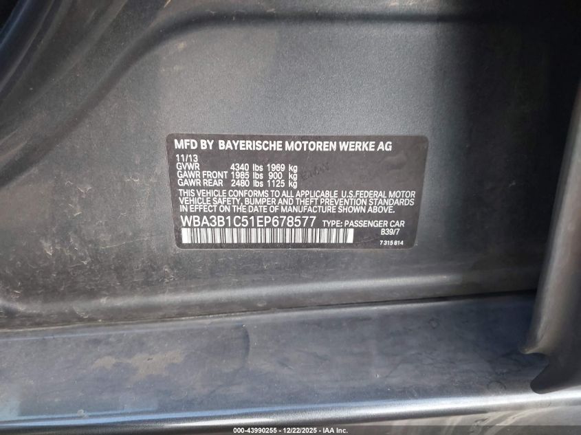 2014 BMW 320I VIN: WBA3B1C51EP678577 Lot: 43990255