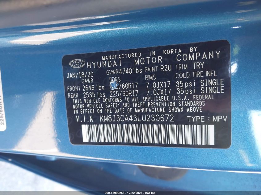 2020 Hyundai Tucson Value VIN: KM8J3CA43LU230672 Lot: 43990258