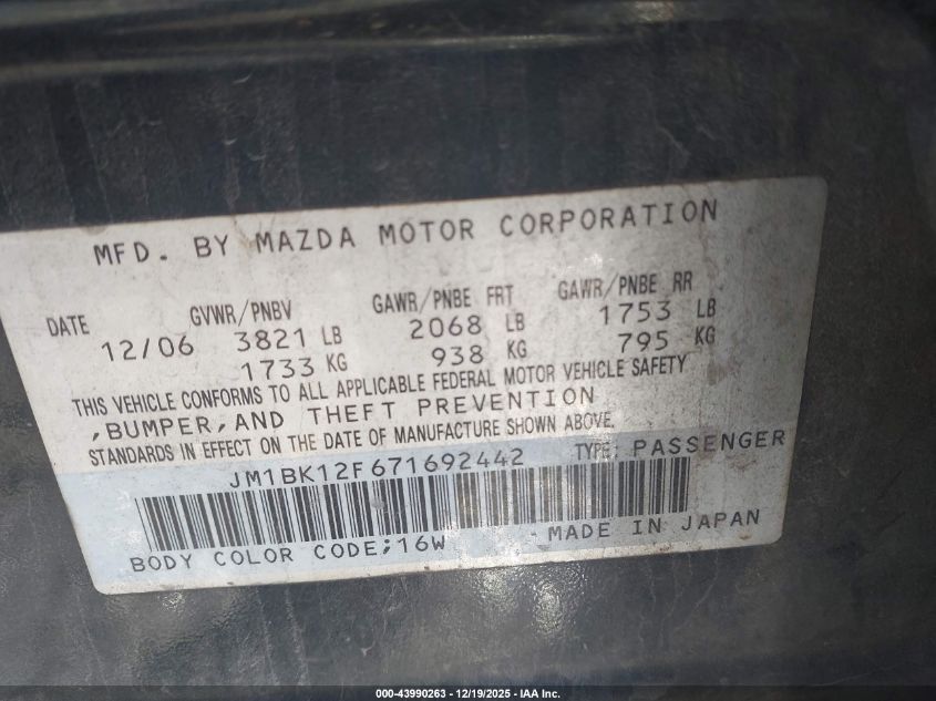 2007 Mazda Mazda3 I VIN: JM1BK12F671692442 Lot: 43990263
