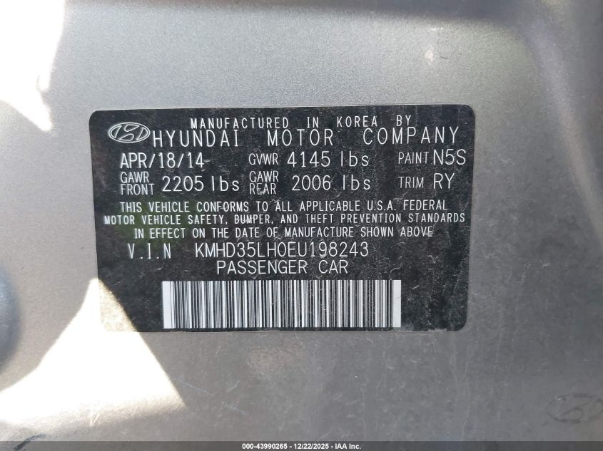 2014 Hyundai Elantra VIN: KMHD35LH0EU198243 Lot: 43990265