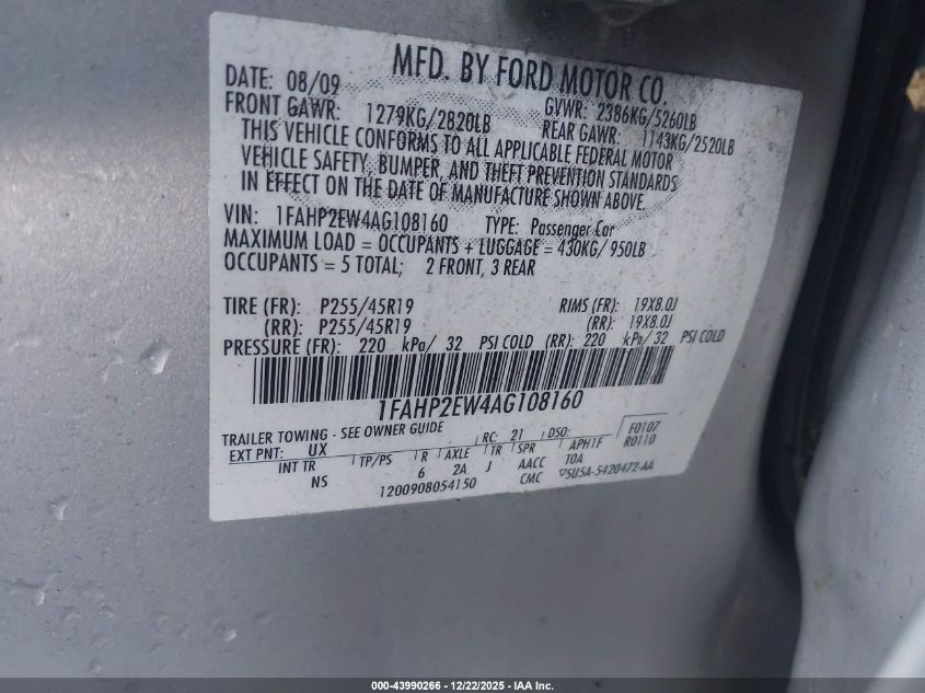 2010 Ford Taurus Sel VIN: 1FAHP2EW4AG108160 Lot: 43990266