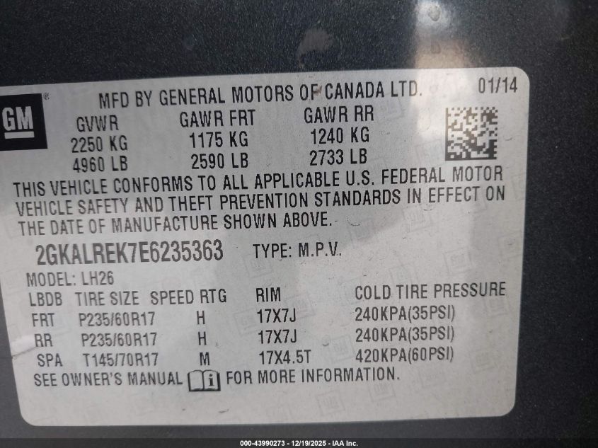 2014 GMC Terrain Sle-2 VIN: 2GKALREK7E6235363 Lot: 43990273