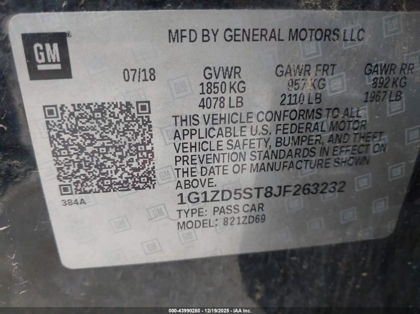 2018 Chevrolet Malibu Lt VIN: 1G1ZD5ST8JF263232 Lot: 43990280