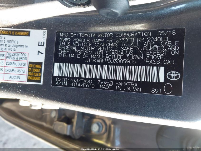 2018 Toyota Prius Prime Plus VIN: JTDKARFP0J3085906 Lot: 43990290