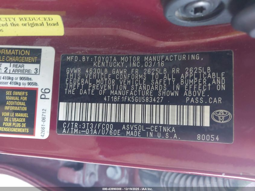 2016 Toyota Camry Le VIN: 4T1BF1FK5GU583427 Lot: 43990308