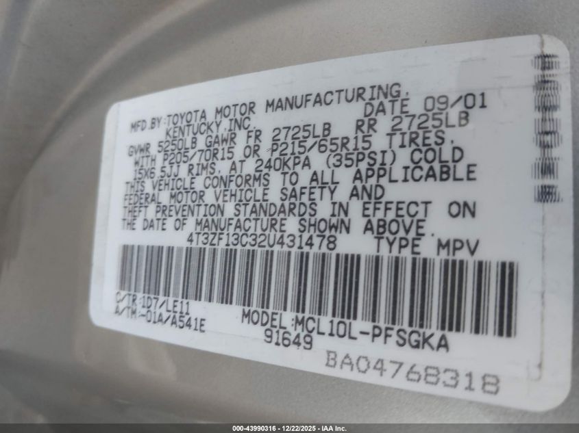 2002 Toyota Sienna Xle VIN: 4T3ZF13C32U431478 Lot: 43990316