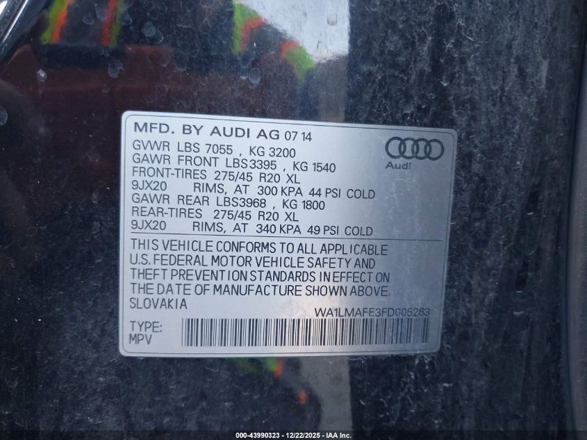 2015 Audi Q7 3.0 Tdi Premium VIN: WA1LMAFE3FD005263 Lot: 43990323