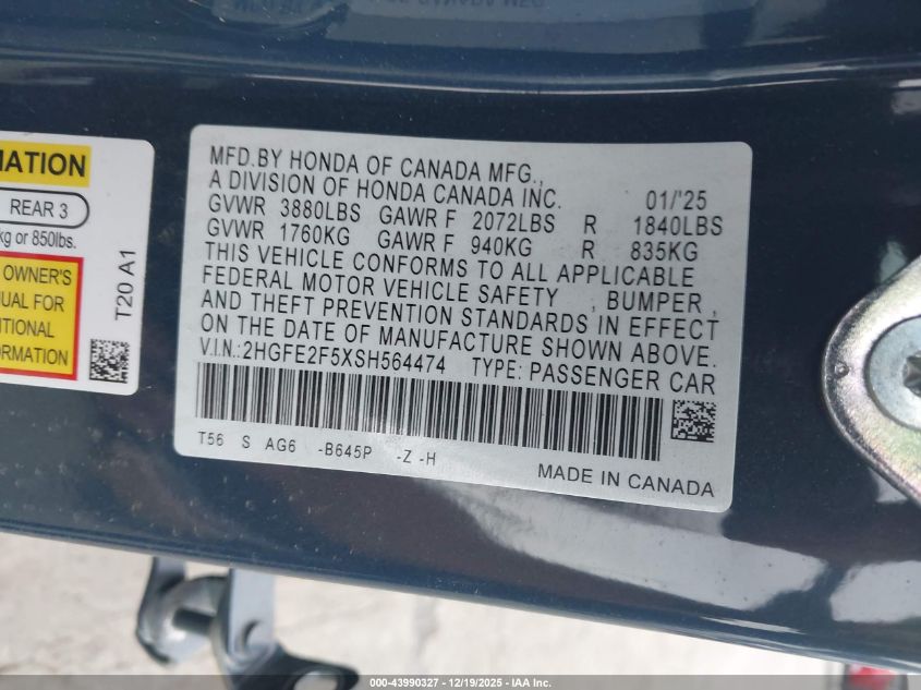 2025 Honda Civic Sport VIN: 2HGFE2F5XSH564474 Lot: 43990327