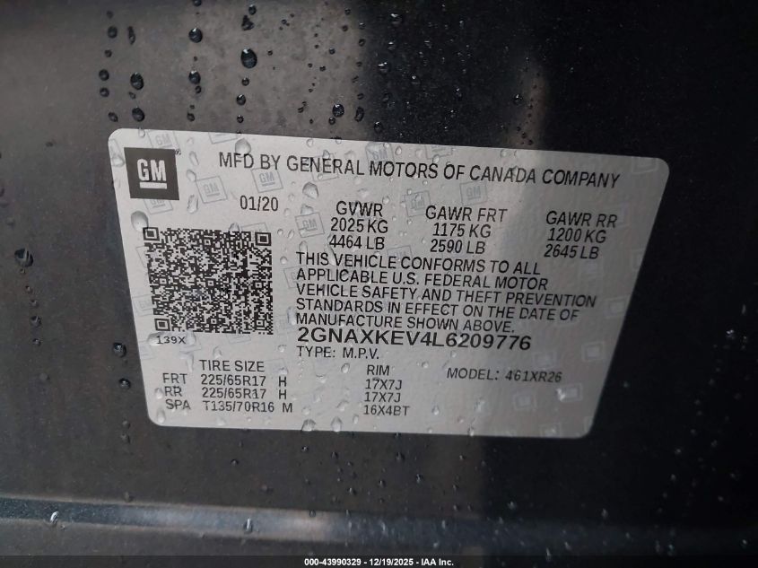 2020 Chevrolet Equinox Fwd Lt 1.5L Turbo VIN: 2GNAXKEV4L6209776 Lot: 43990329