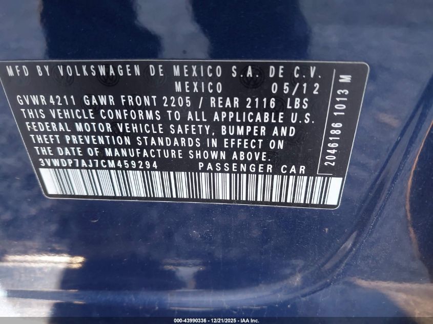 2012 Volkswagen Jetta 2.5L Se VIN: 3VWDP7AJ7CM459294 Lot: 43990336