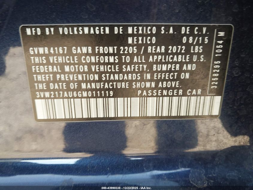 2016 Volkswagen Golf Tsi Se 4-Door VIN: 3VW217AU6GM011119 Lot: 43990338
