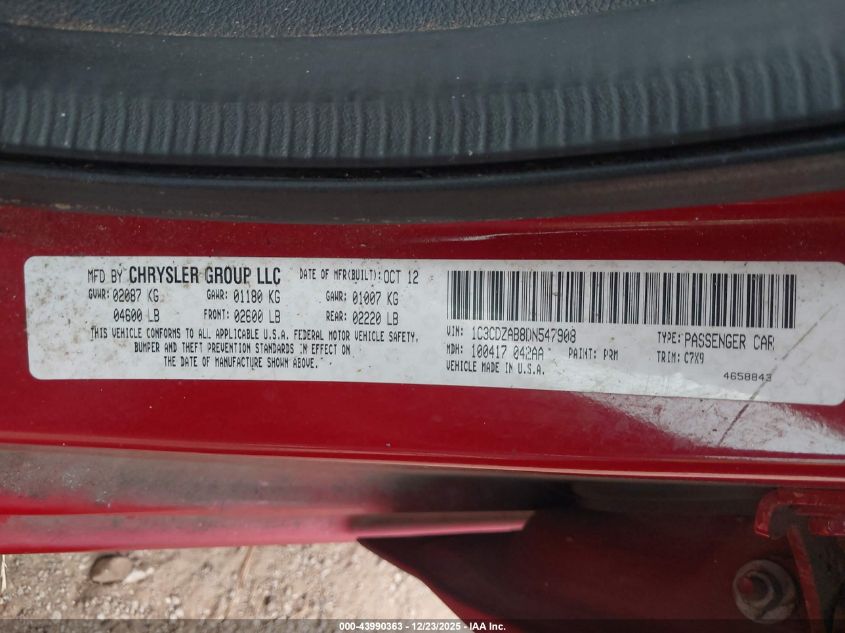 2013 Dodge Avenger Se VIN: 1C3CDZAB8DN547908 Lot: 43990363