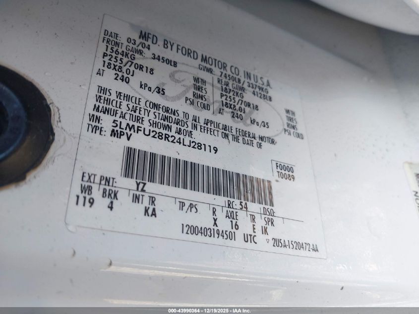 2004 Lincoln Navigator VIN: 5LMFU28R24LJ28119 Lot: 43990364