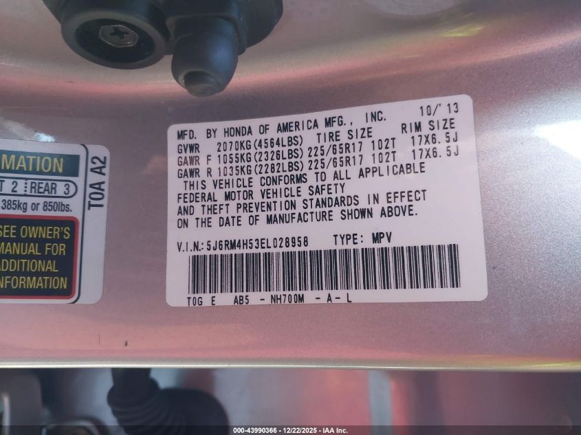 2014 Honda Cr-V Ex VIN: 5J6RM4H53EL028958 Lot: 43990366