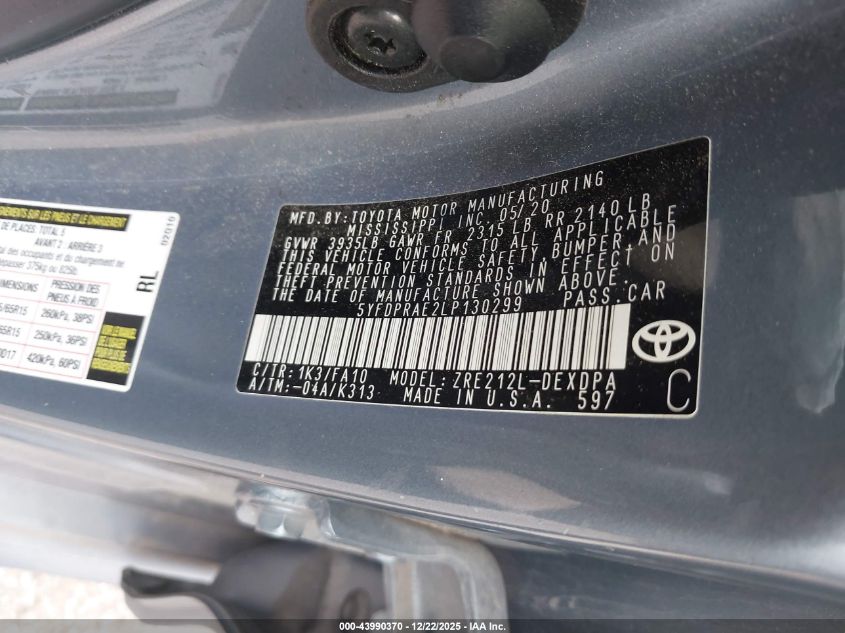 2020 Toyota Corolla L VIN: 5YFDPRAE2LP130299 Lot: 43990370