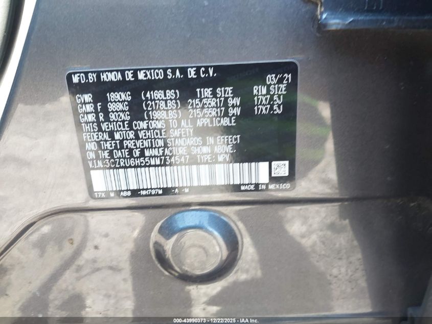 2021 Honda Hr-V Awd Ex VIN: 3CZRU6H55MM734547 Lot: 43990373