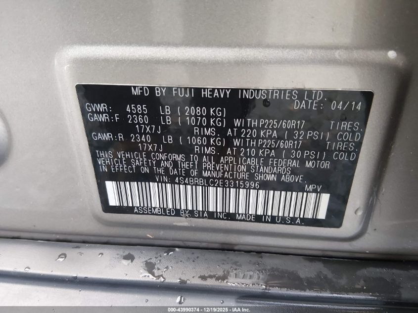 2014 Subaru Outback 2.5I Limited VIN: 4S4BRBLC2E3315996 Lot: 43990374