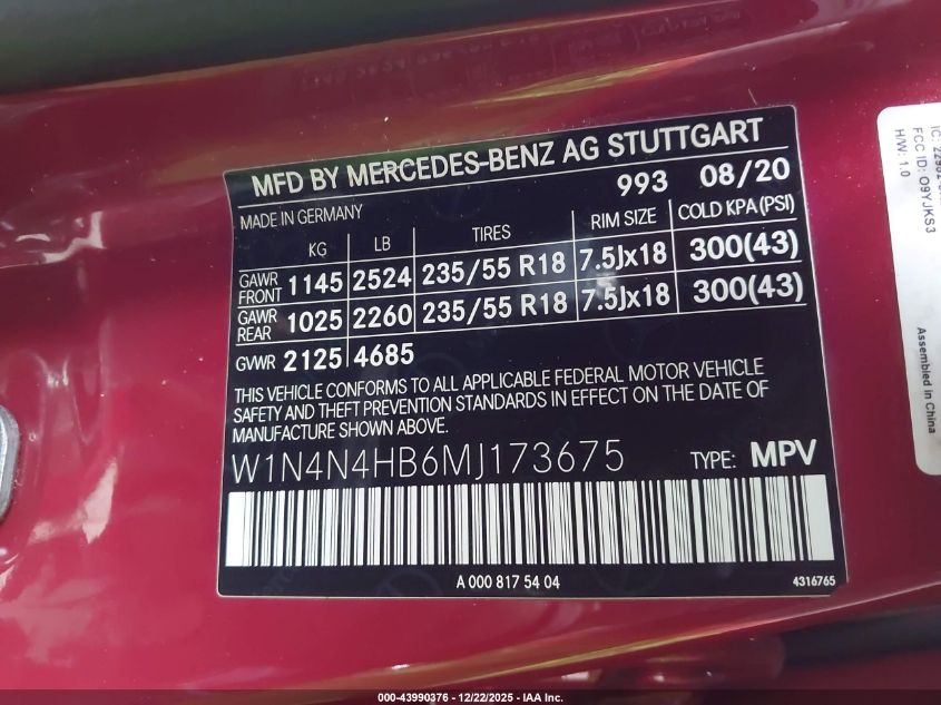 2021 Mercedes-Benz Gla 250 4Matic VIN: W1N4N4HB6MJ173675 Lot: 43990376