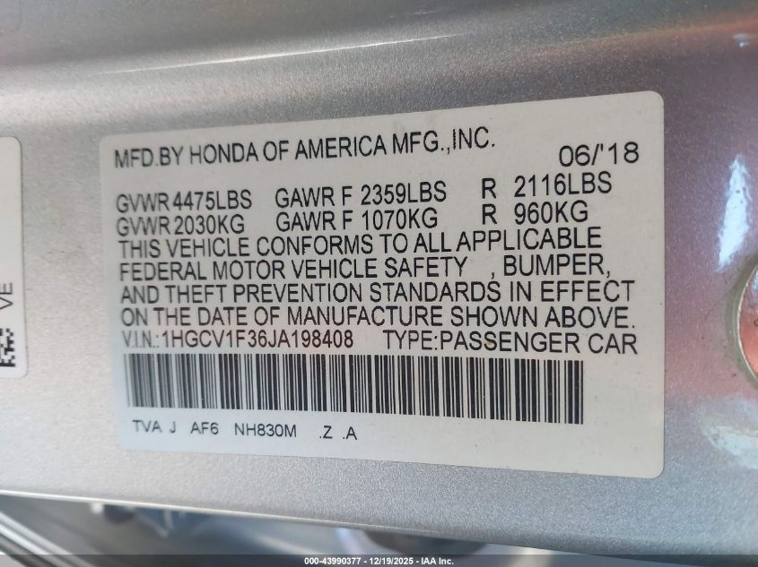 2018 Honda Accord Sport VIN: 1HGCV1F36JA198408 Lot: 43990377