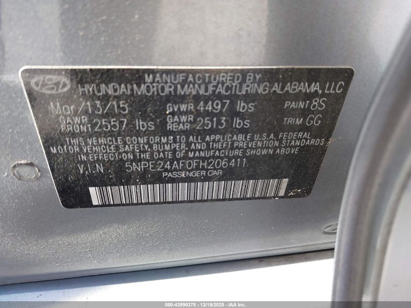 2015 Hyundai Sonata Se VIN: 5NPE24AF0FH206411 Lot: 43990378