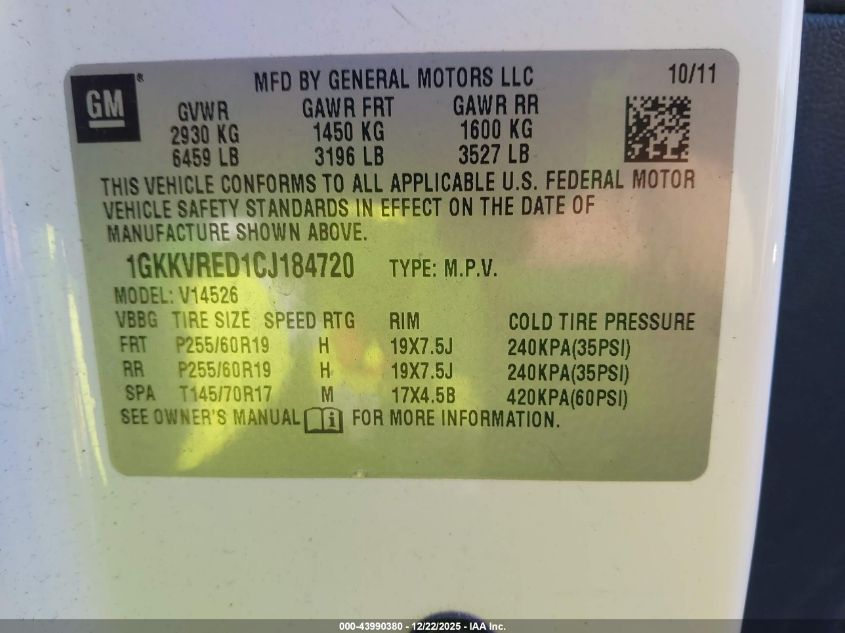 2012 GMC Acadia Slt-1 VIN: 1GKKVRED1CJ184720 Lot: 43990380