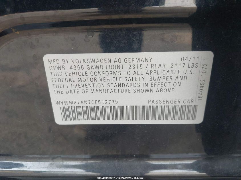 2012 Volkswagen Cc Sport VIN: WVWMP7AN7CE512779 Lot: 43990387