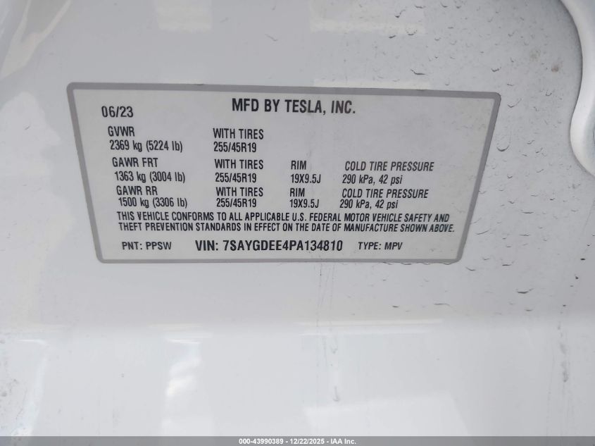 2023 Tesla Model Y Awd/Long Range Dual Motor All-Wheel Drive VIN: 7SAYGDEE4PA134810 Lot: 43990389