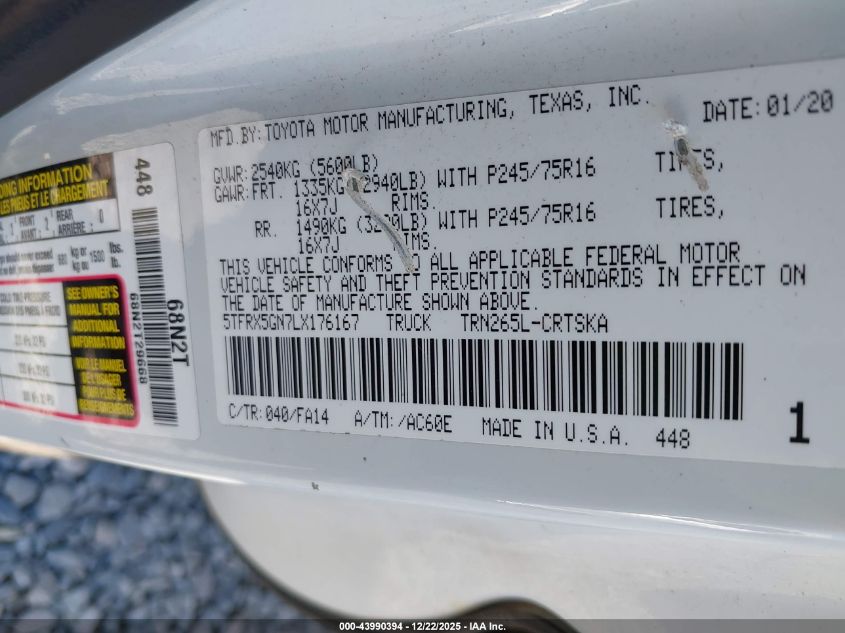 2020 Toyota Tacoma Sr VIN: 5TFRX5GN7LX176167 Lot: 43990394