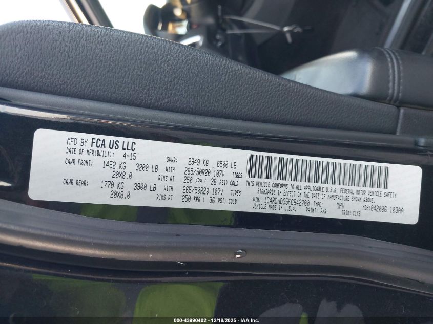 2015 Dodge Durango Limited VIN: 1C4RDHDG5FC842700 Lot: 43990402