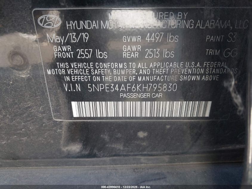 2019 Hyundai Sonata Sel VIN: 5NPE34AF6KH795830 Lot: 43990410