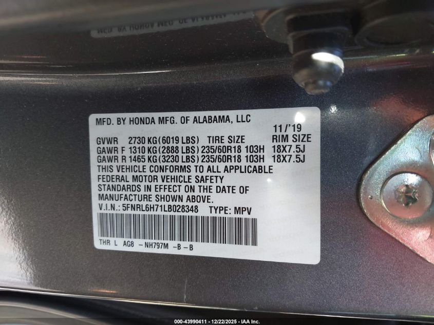 2020 Honda Odyssey Ex-L/Ex-L W/Navi Res VIN: 5FNRL6H71LB028348 Lot: 43990411